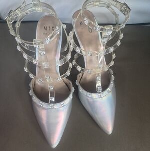Mix No. 6 Iridescent Pointed Toe Strappy Heels with Clear Gem Straps